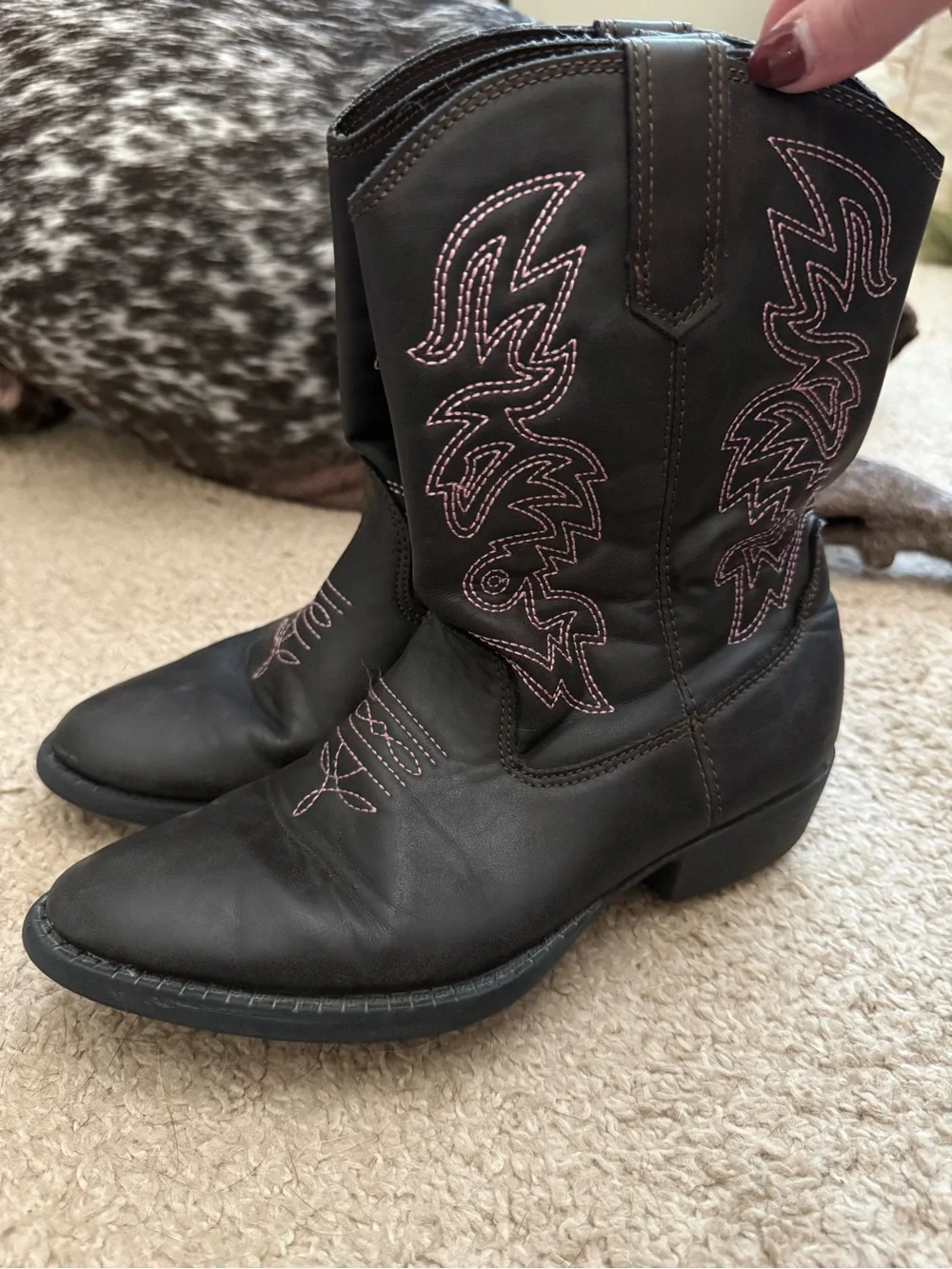 Deer Stags Black Kids Cowgirl Boots with Pink Stitching